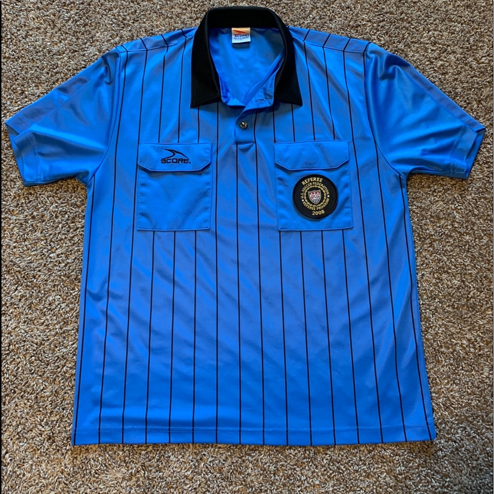Score Referee Uniform Polo Shirt & Soccer Federation Program 2008 Patch Sz M
